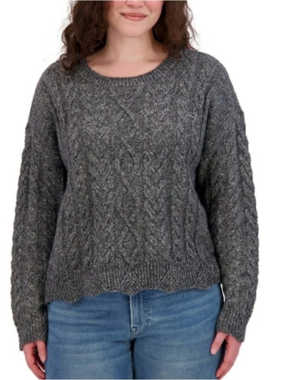 Lucky Brand Sweater XL Heather Gray Cable Knit Crewneck Wool Blend Ribbed Trim